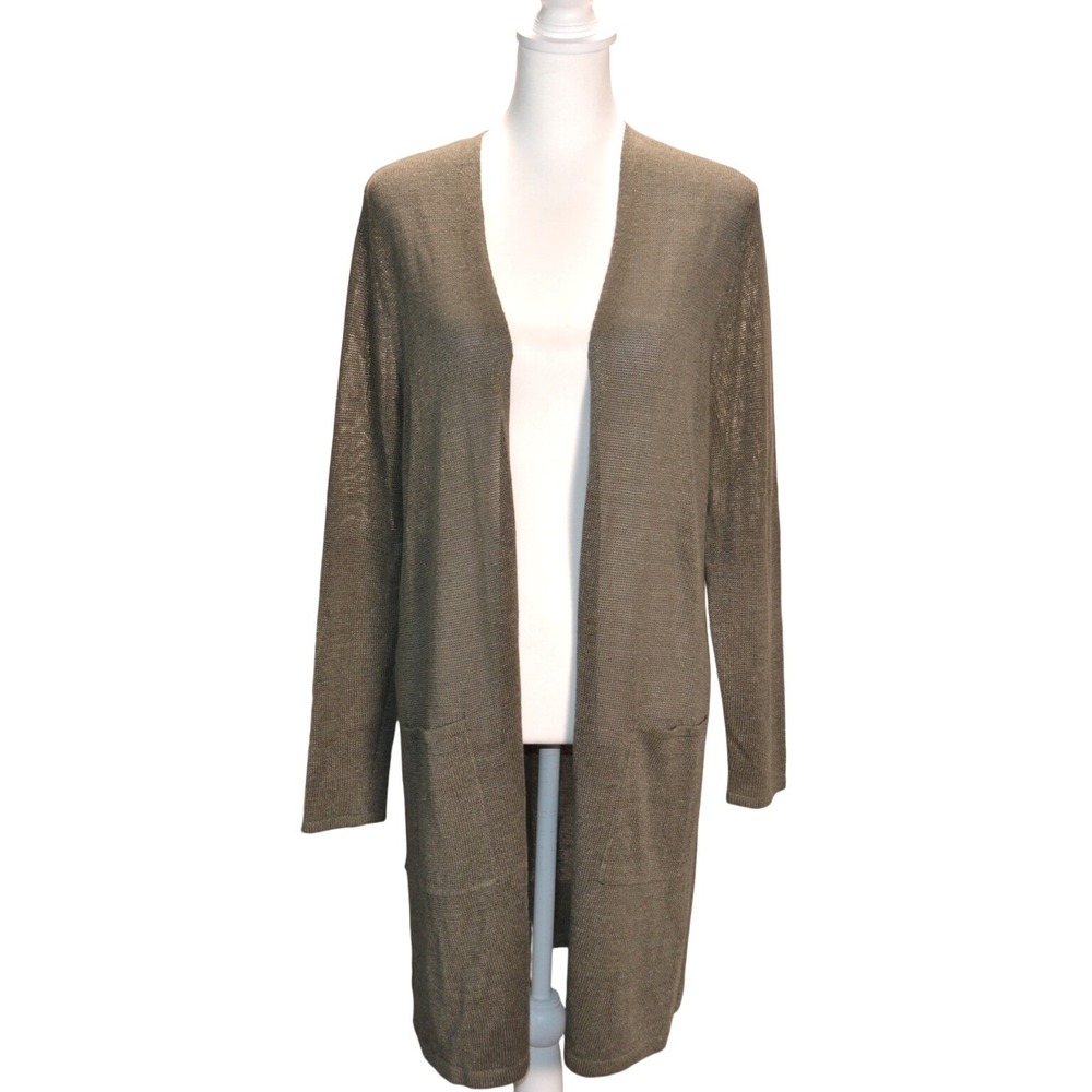 J. Jill Open Front Duster Cardigan Womens Long Sleeve Olive Green Linen Blend